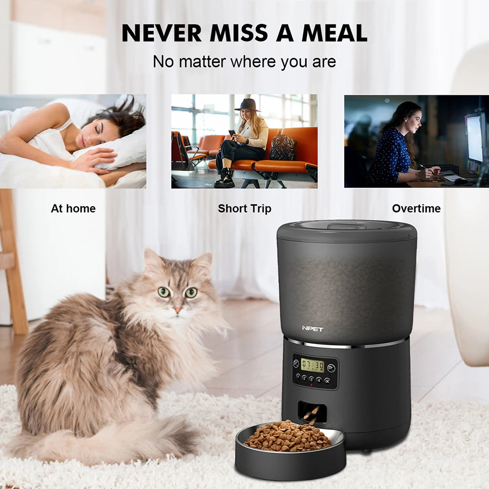 NPET 4L Automatic Smart Pet Feeder – Stainless Steel Bowl, Customizable 1–9 Portions for Cats & Dogs