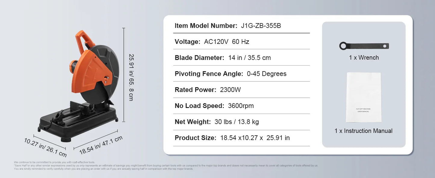 SucceBuy 2300W Abrasive Chop Saw 14"/355mm Blade Diameter Cut Off Saw Steel Cutting Machine 0-45° Adjustable Angle Miter Saw