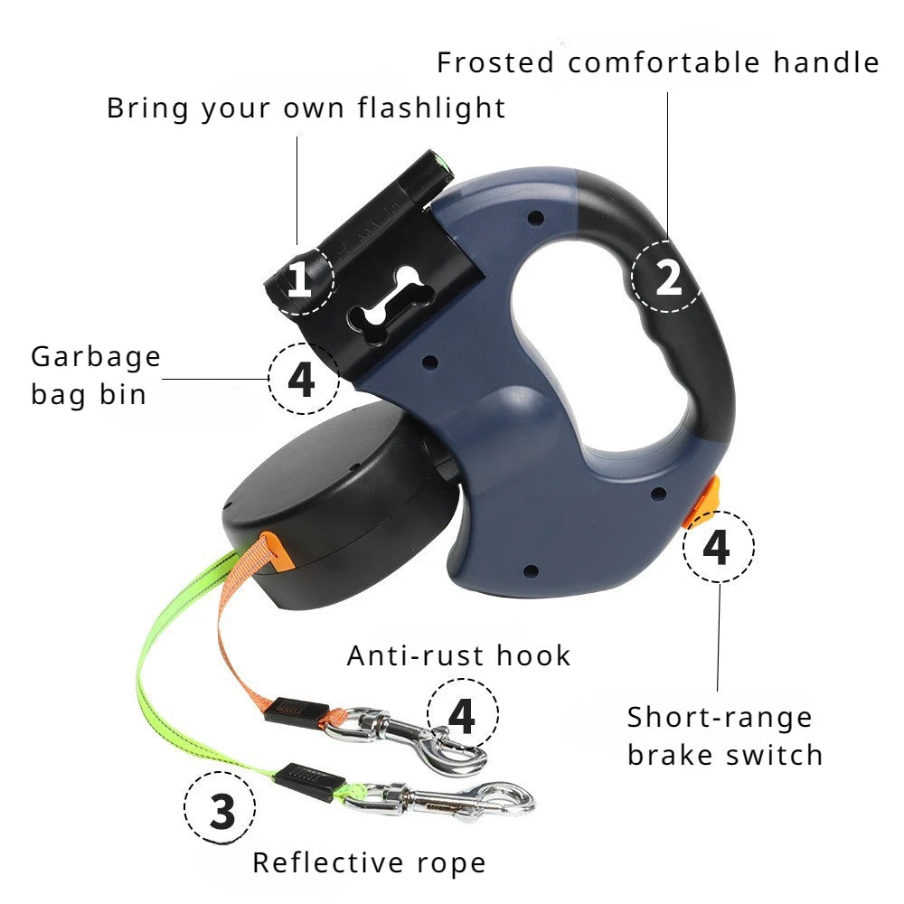 2-in-1 Retractable Dog Leash with Flashlight – Dual Pet Walking Leash