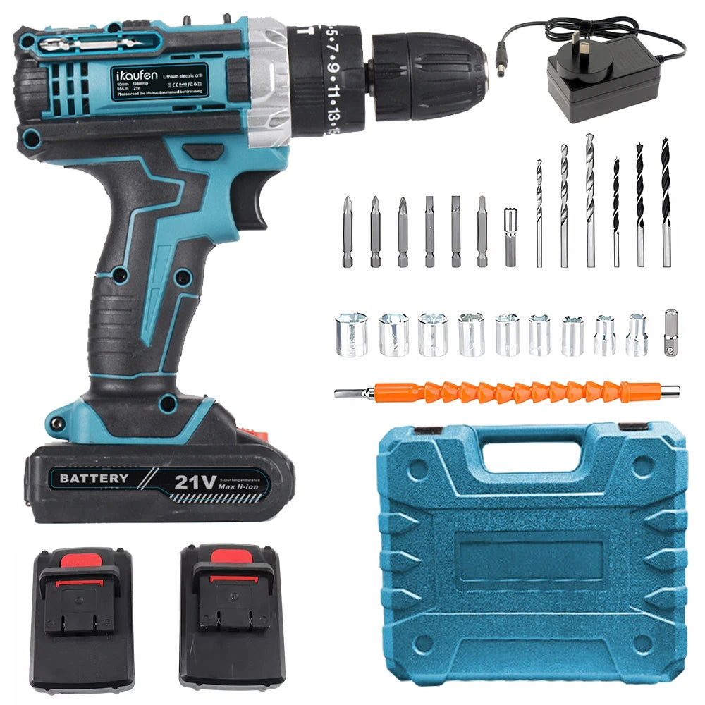 21V Household Power Tools Lithium Battery Rechargeable Cordless Drill Multifunction Screwdriver with Display and Impact Function