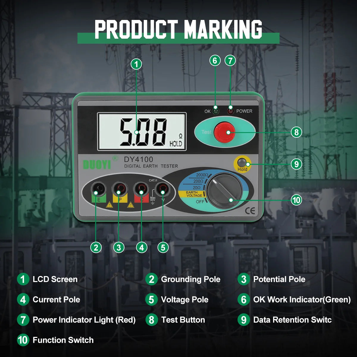 DUOYI DY4100 Digital Resistance Tester – Earth Ground Meter & High-Accuracy Multimeter for Power Systems