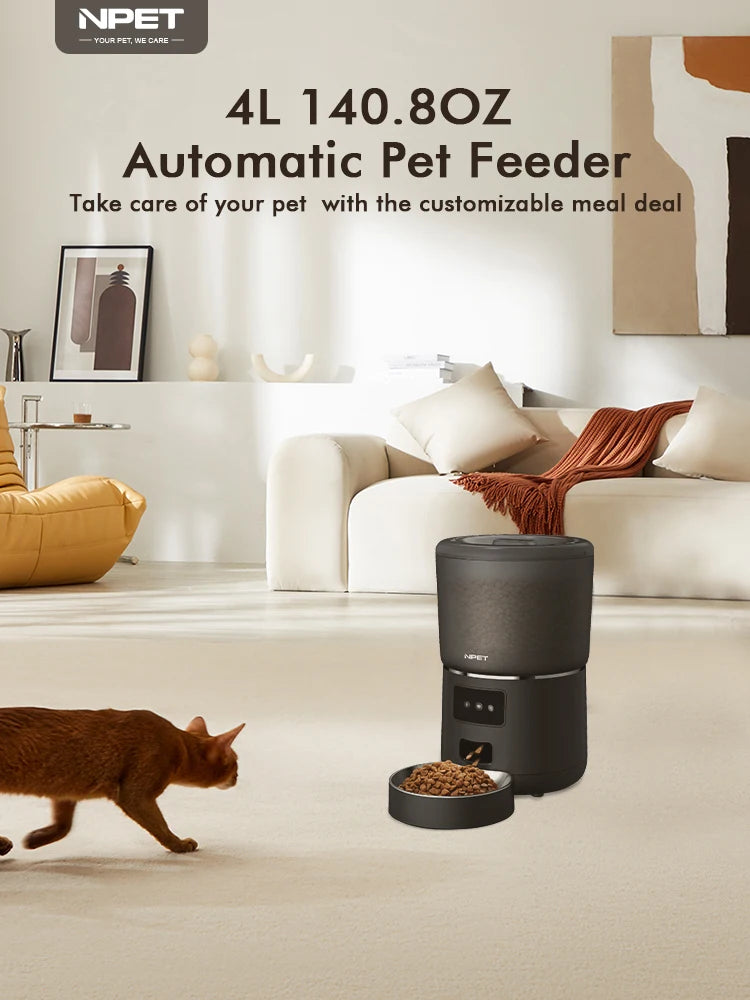 NPET 4L Automatic Smart Pet Feeder – Stainless Steel Bowl, Customizable 1–9 Portions for Cats & Dogs