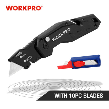 WORKPRO Folding Utility Knife Quick Change Blade Folding Knife Outdoor Camping Tool 10pcs blades included