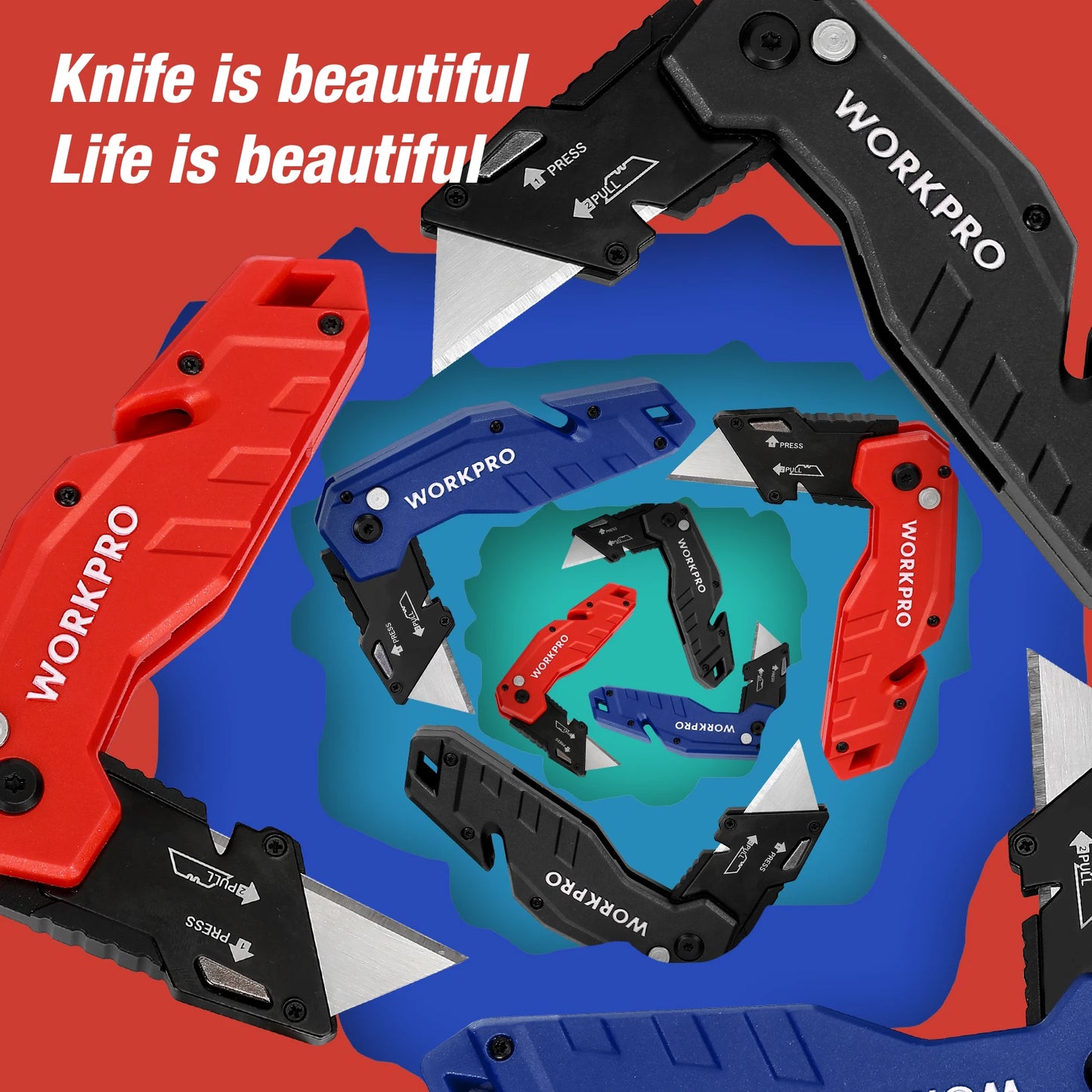 WORKPRO Folding Utility Knife Quick Change Blade Folding Knife Outdoor Camping Tool 10pcs blades included