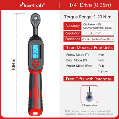 MoveCrab Digital Torque Wrench 0.6-85Nm Range with Dual Direction Ratchet±2% Accuracy with Vibration Buzzer LED Alert