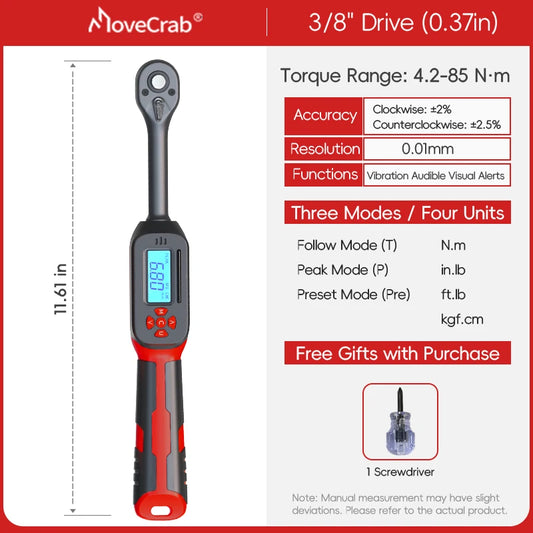 MoveCrab Digital Torque Wrench 0.6-85Nm Range with Dual Direction Ratchet±2% Accuracy with Vibration Buzzer LED Alert