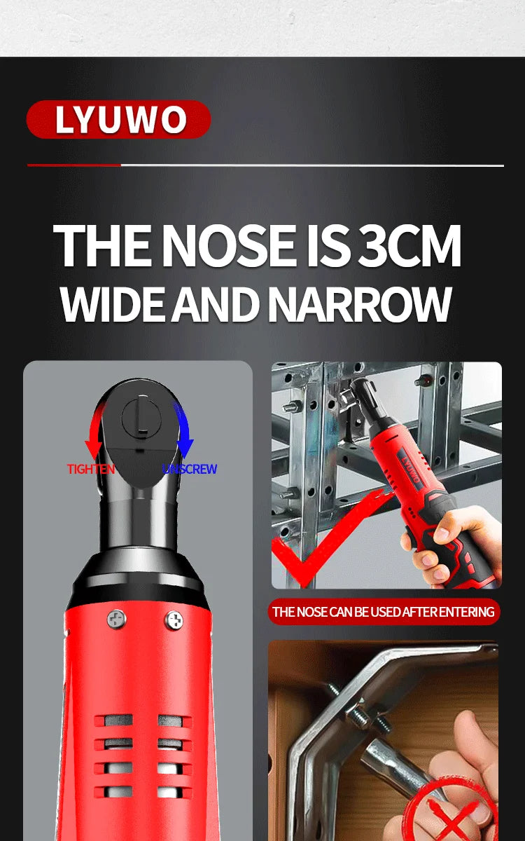 LYUWO 3/8 Rechargeable Electric , Ratchet Set, Angle Drill, Screwdriver To Remove Screw Nut, Automobile Maintenance Tool 2 Batte