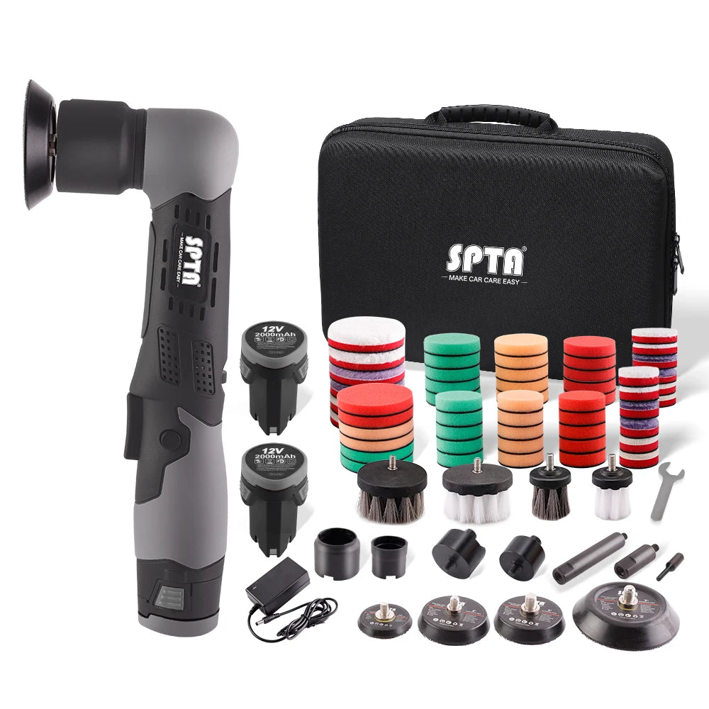 SPTA 12V Cordless Dual Action Car Polisher – Mini Scratch Remover with 1/2/3 Inch Pads & 2 Batteries