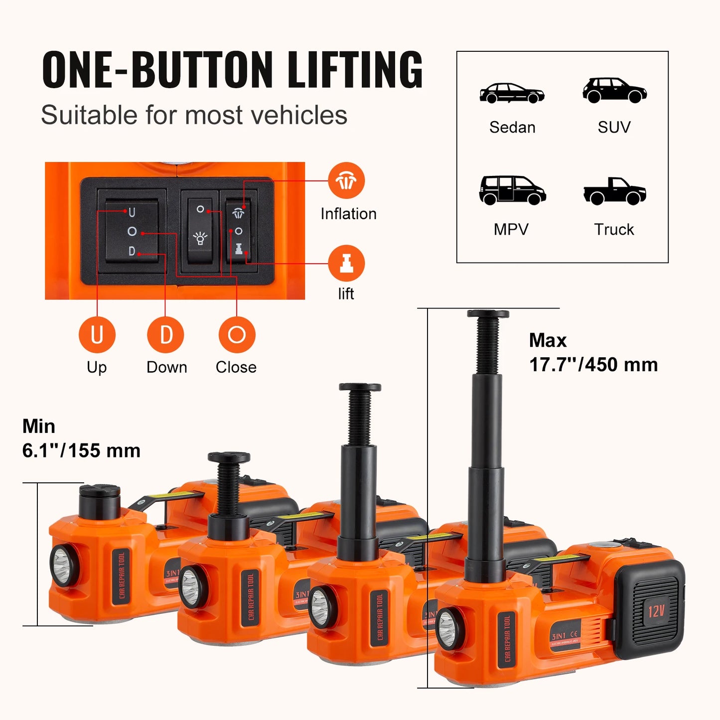 VEVOR Electric Car Jack 5 Ton Hydraulic Jack with Electric Impact Wrench Portable Car Lift  for SUV MPV Sedan Truck Change Tires
