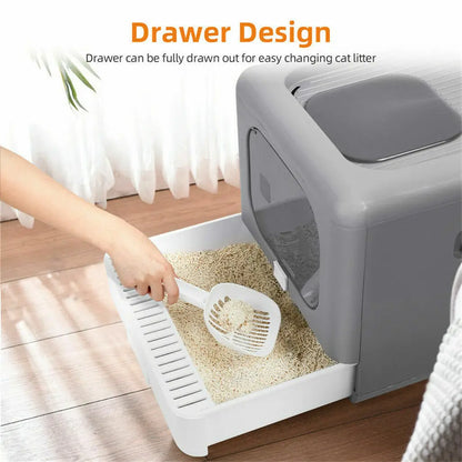 Foldable Enclosed Cat Litter Box with Scoop & Tray – Detachable Front Entry Kitten Toilet