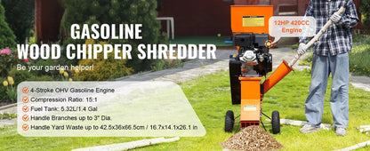 VEVOR Wood Chipper Shredder Mulcher Heavy Duty Gas Powered 4.1/8.6KW Engine Woodchipper Fast Wood Chipping Chopping for Forestry