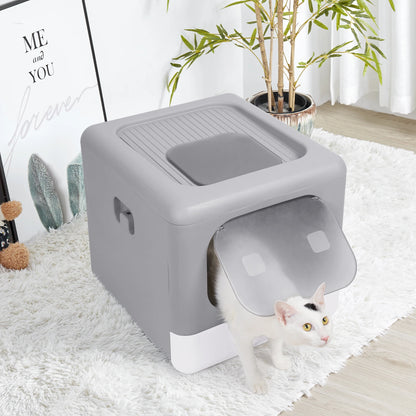 Foldable Enclosed Cat Litter Box with Scoop & Tray – Detachable Front Entry Kitten Toilet
