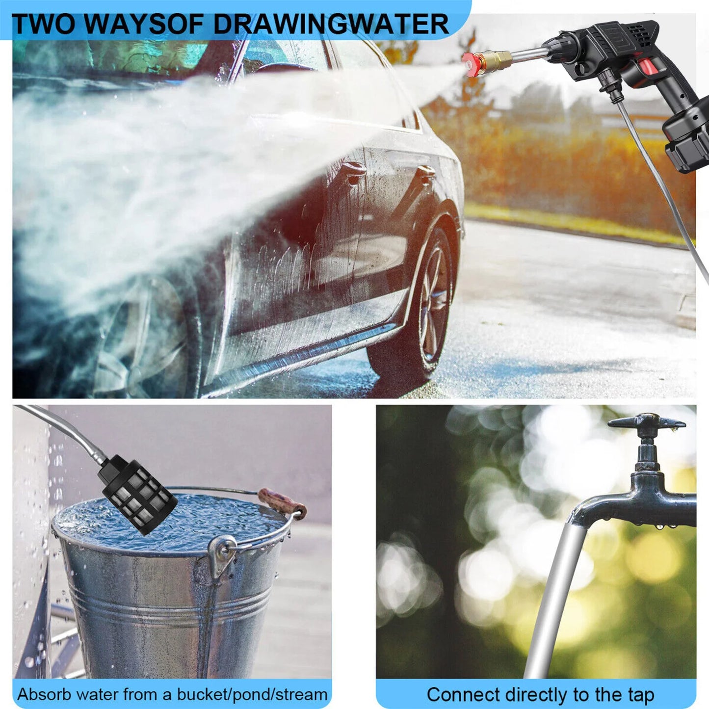 450W Cordless Electric Pressure Washer – Portable High Power Cleaner with 2×1200mAh Batteries & Charger for Car, Garden & Home