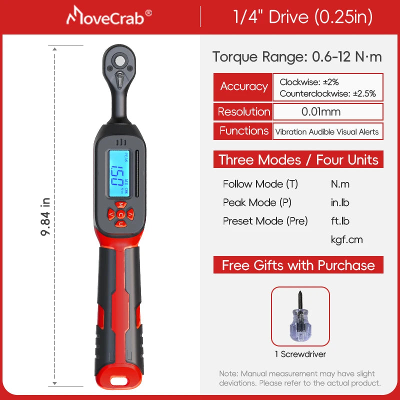 MoveCrab Digital Torque Wrench 0.6-85Nm Range with Dual Direction Ratchet±2% Accuracy with Vibration Buzzer LED Alert