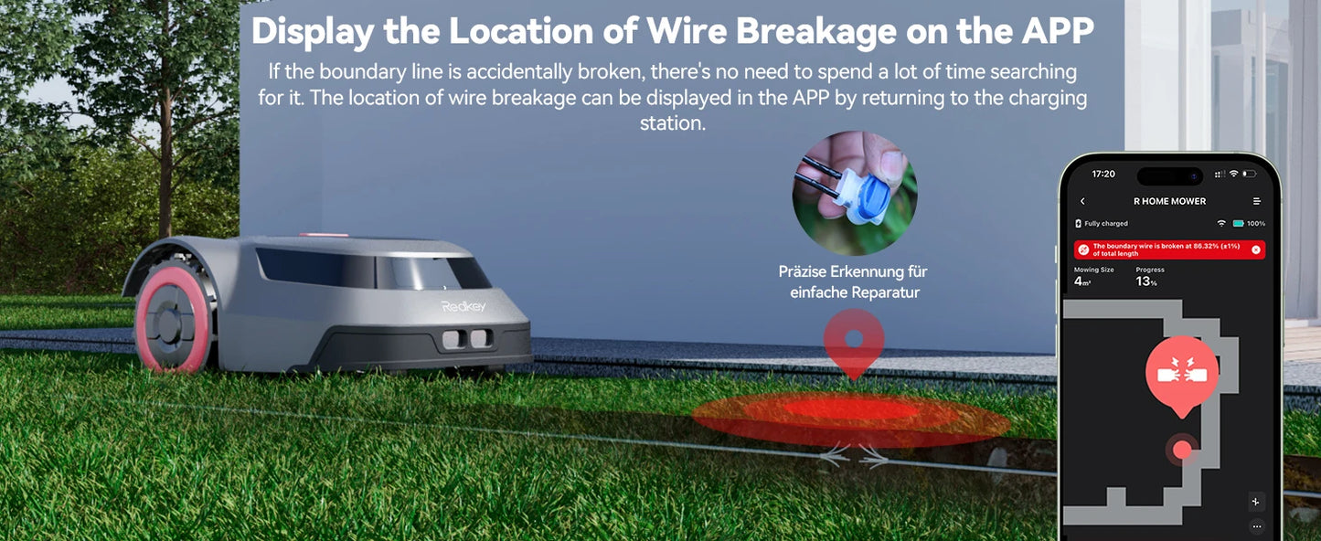 C-TOF Robot Lawn Mower Redkey MGC500 Lawn Mower Robot Cable Break Detection Climbing Capacity 45% App Control Mowing Robot
