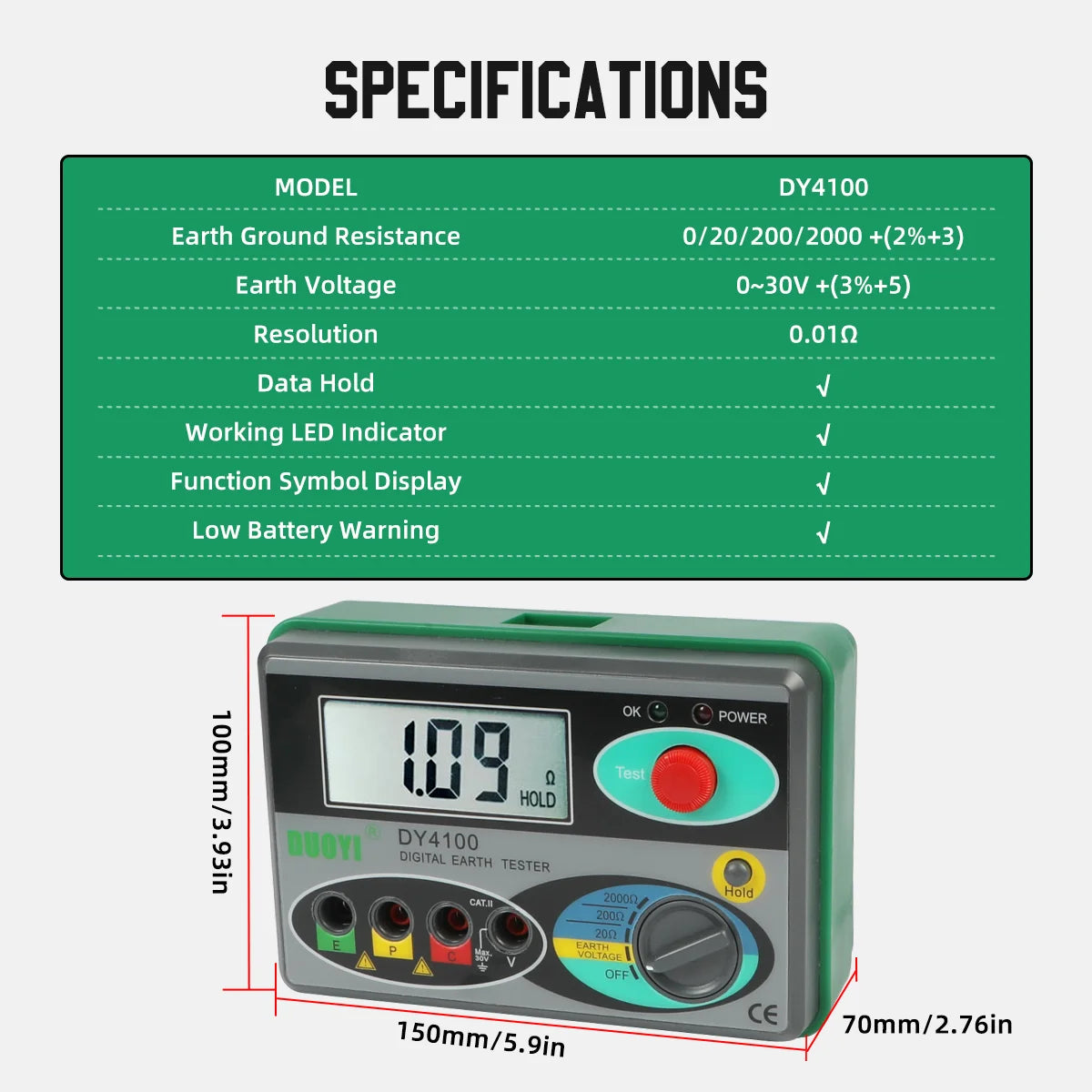 DUOYI DY4100 Digital Resistance Tester – Earth Ground Meter & High-Accuracy Multimeter for Power Systems