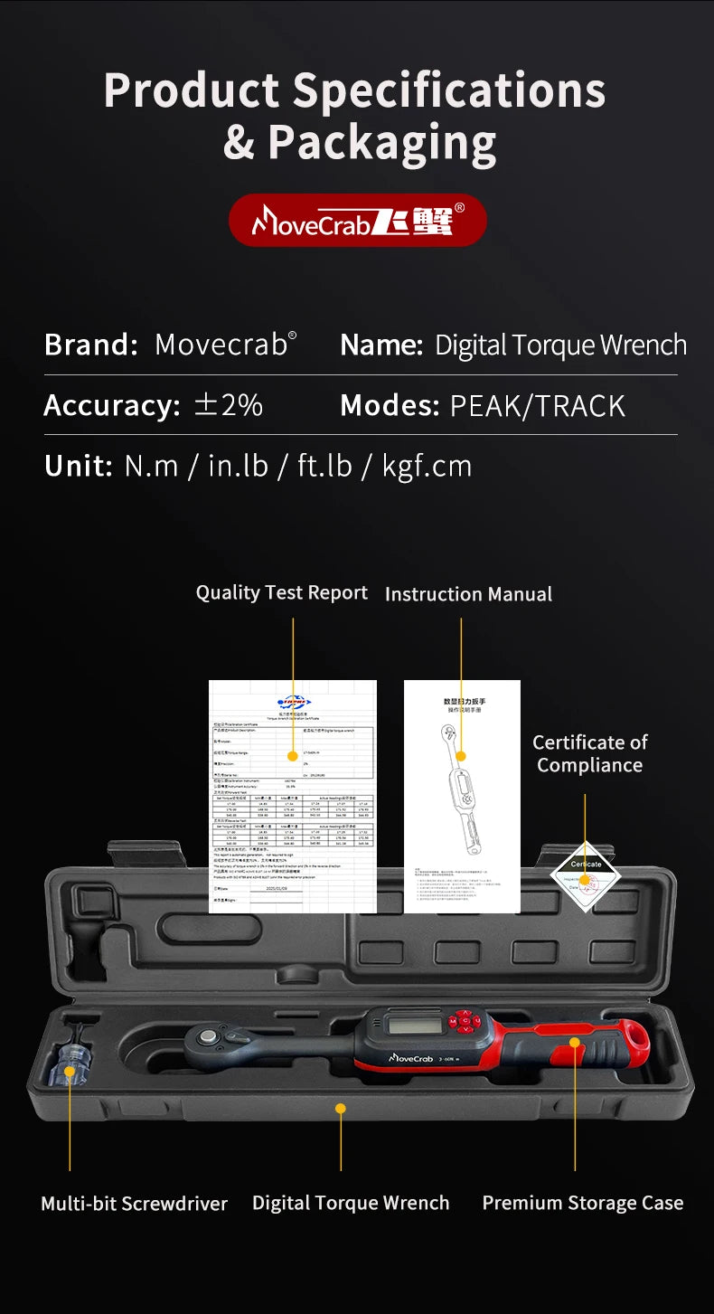 MoveCrab Digital Torque Wrench 0.6-85Nm Range with Dual Direction Ratchet±2% Accuracy with Vibration Buzzer LED Alert