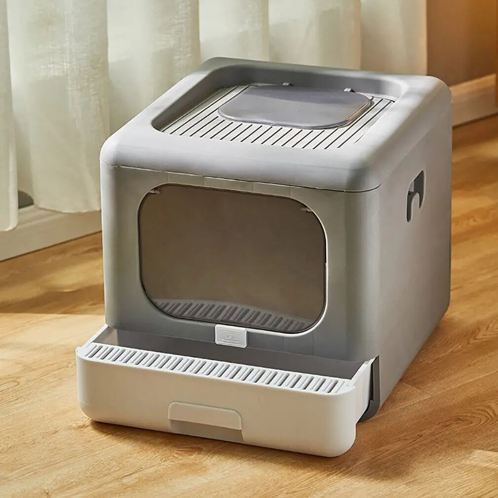 Foldable Enclosed Cat Litter Box with Scoop & Tray – Detachable Front Entry Kitten Toilet