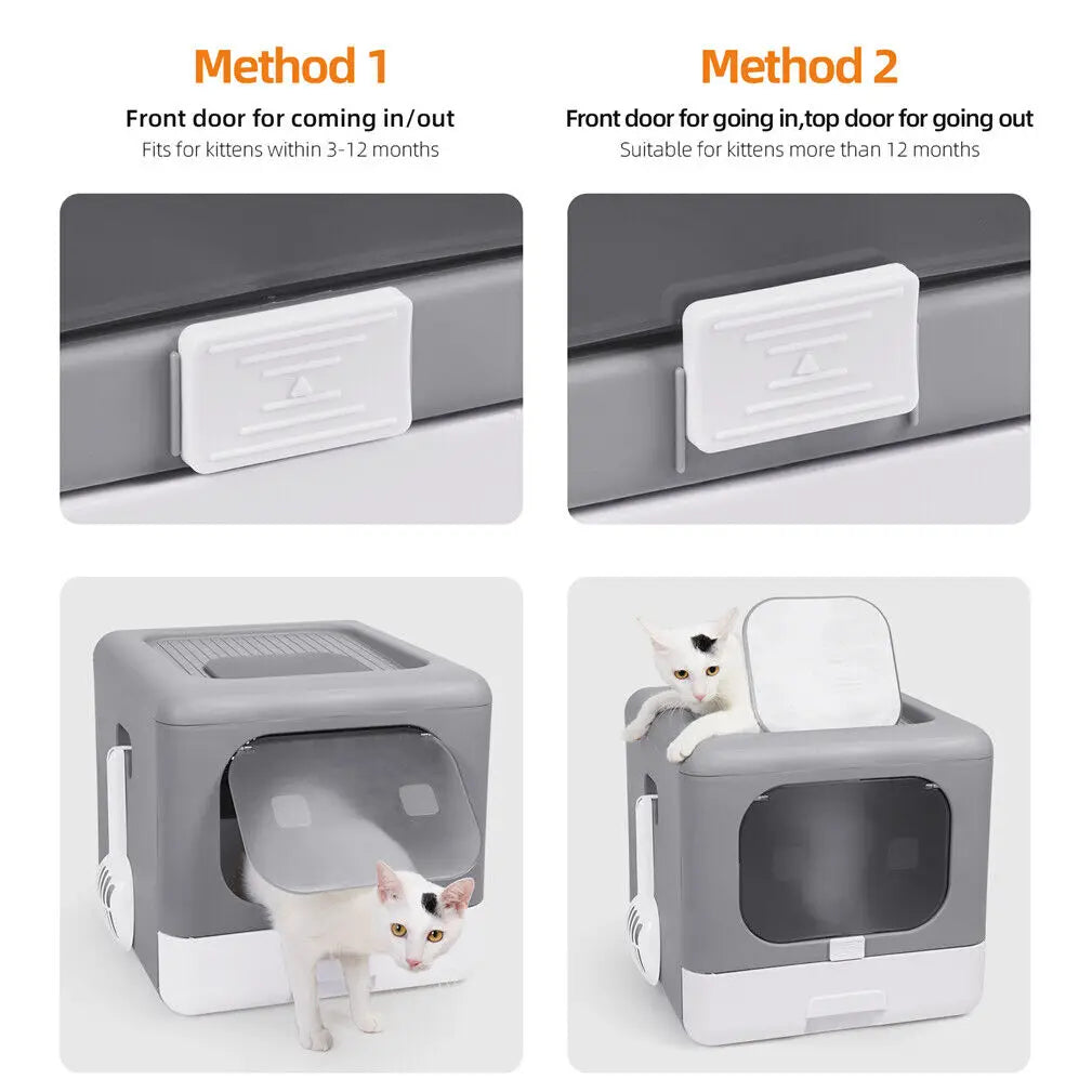 Foldable Enclosed Cat Litter Box with Scoop & Tray – Detachable Front Entry Kitten Toilet