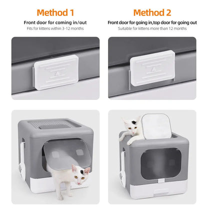 Foldable Enclosed Cat Litter Box with Scoop & Tray – Detachable Front Entry Kitten Toilet