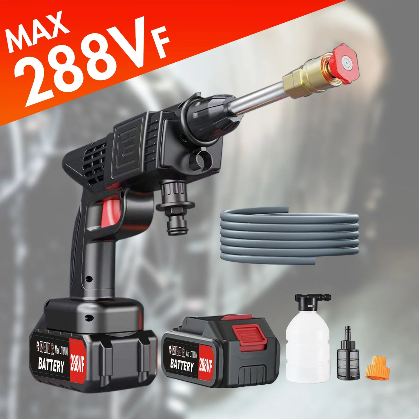 450W Cordless Electric Pressure Washer – Portable High Power Cleaner with 2×1200mAh Batteries & Charger for Car, Garden & Home