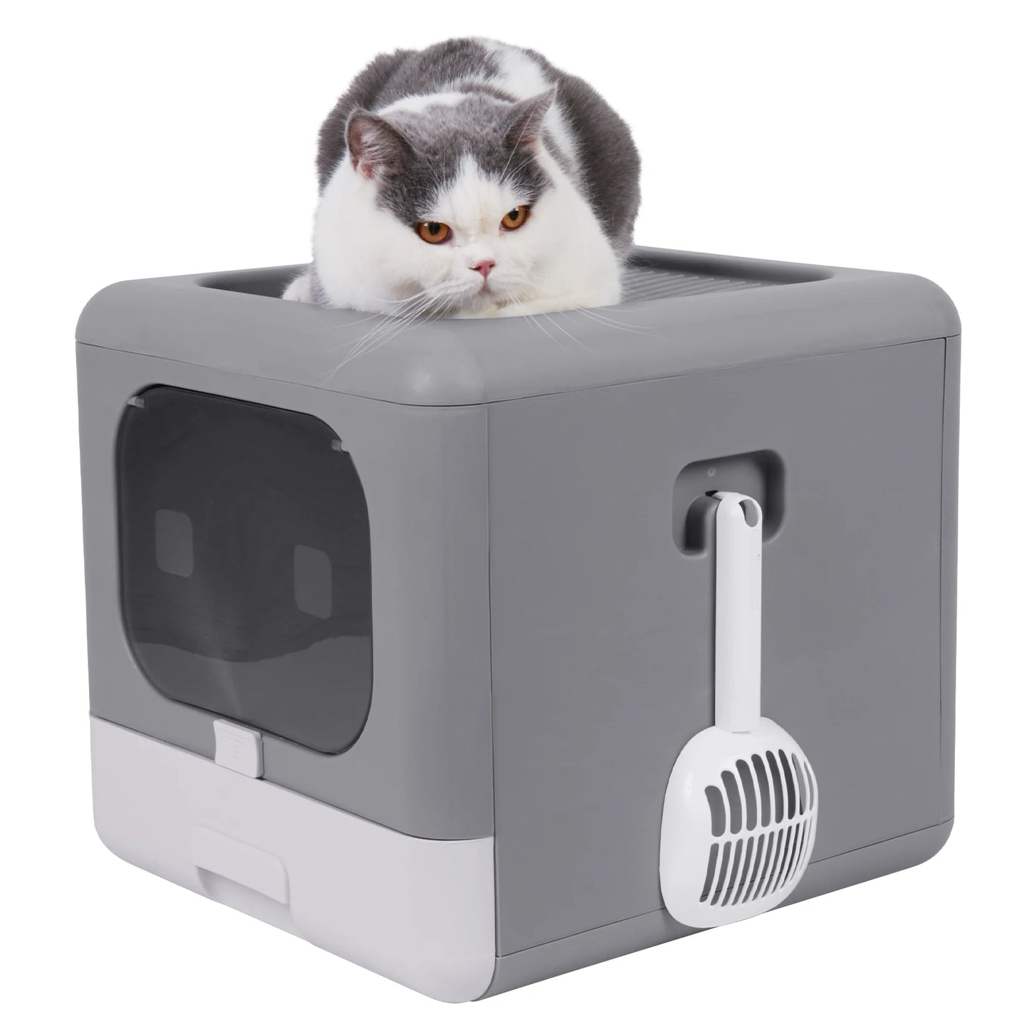 Foldable Enclosed Cat Litter Box with Scoop & Tray – Detachable Front Entry Kitten Toilet