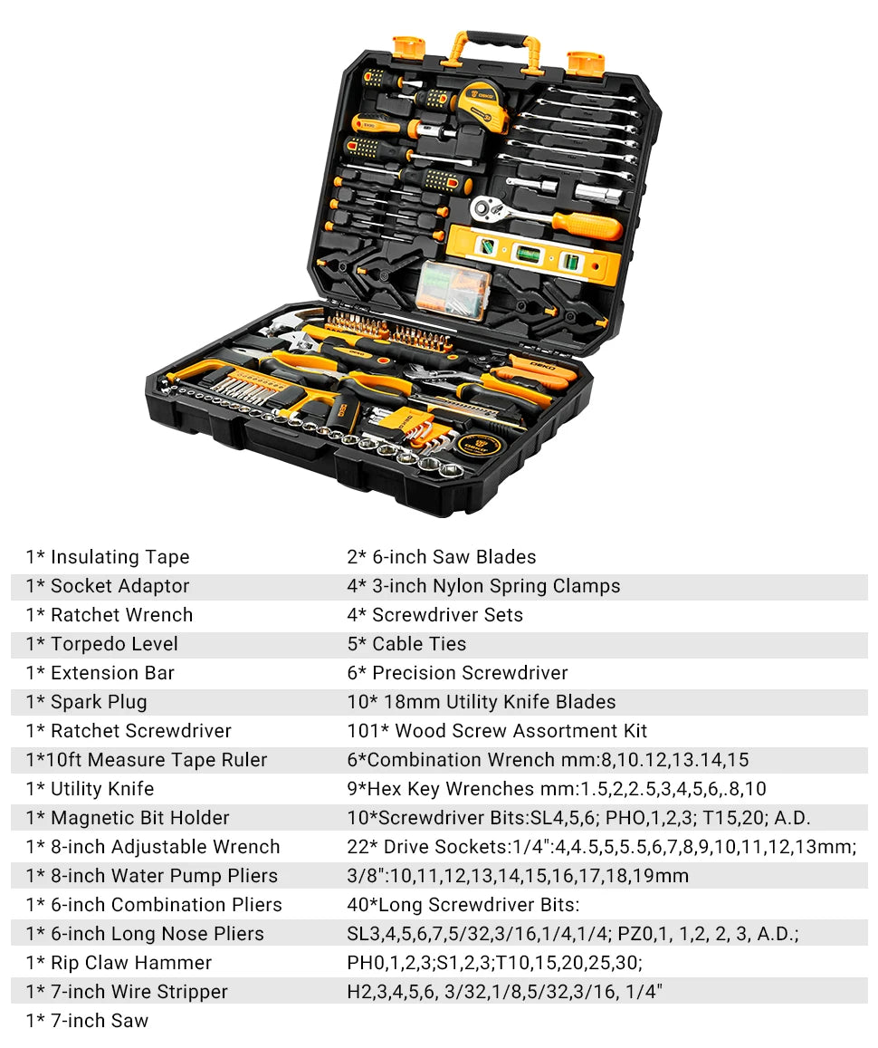 DEKO 228Pcs Socket Wrench Auto Repair Tool Combination Package Mixed Tool Set Hand Tool Kit with Plastic Toolbox Storage Case