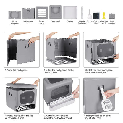 Foldable Enclosed Cat Litter Box with Scoop & Tray – Detachable Front Entry Kitten Toilet