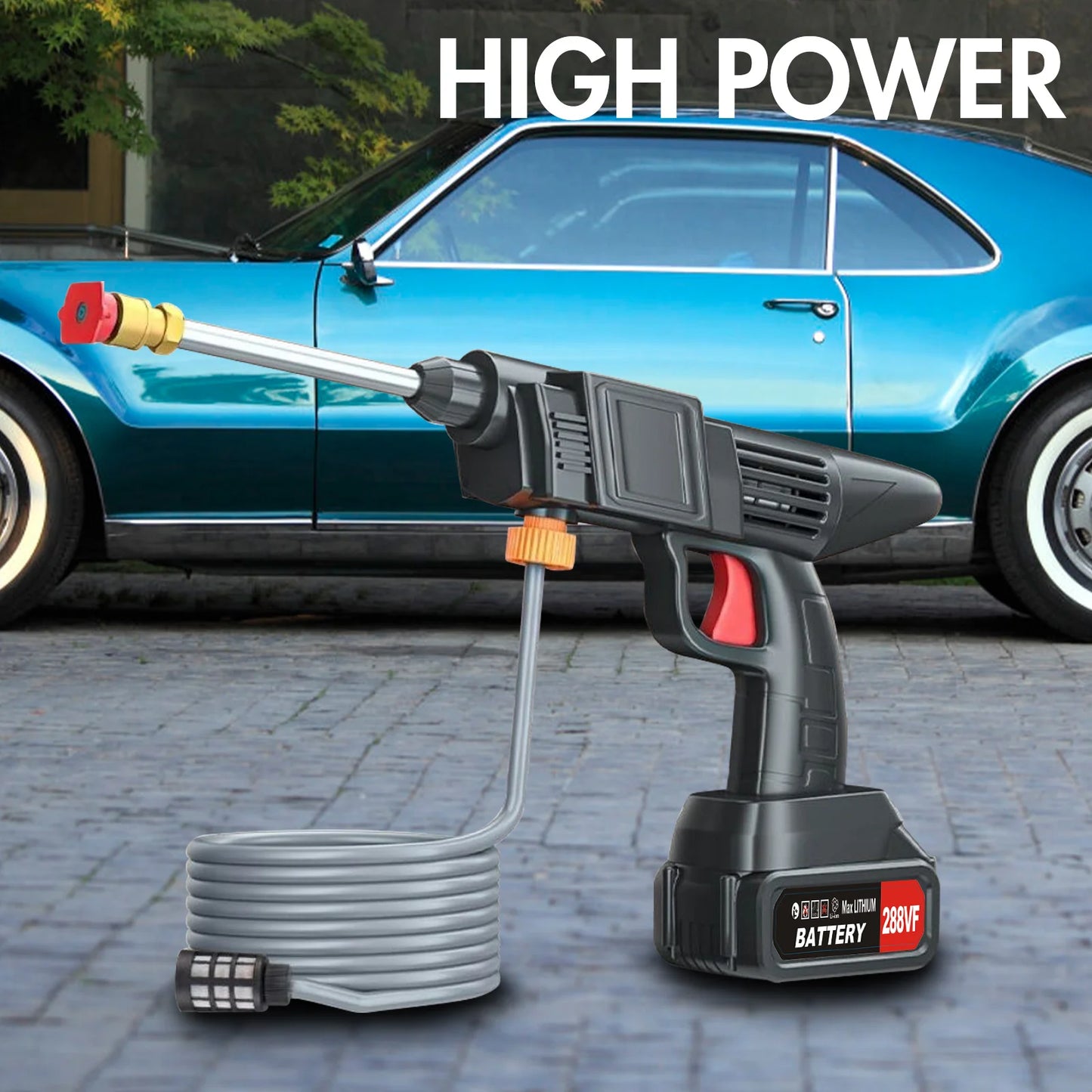 450W Cordless Electric Pressure Washer – Portable High Power Cleaner with 2×1200mAh Batteries & Charger for Car, Garden & Home