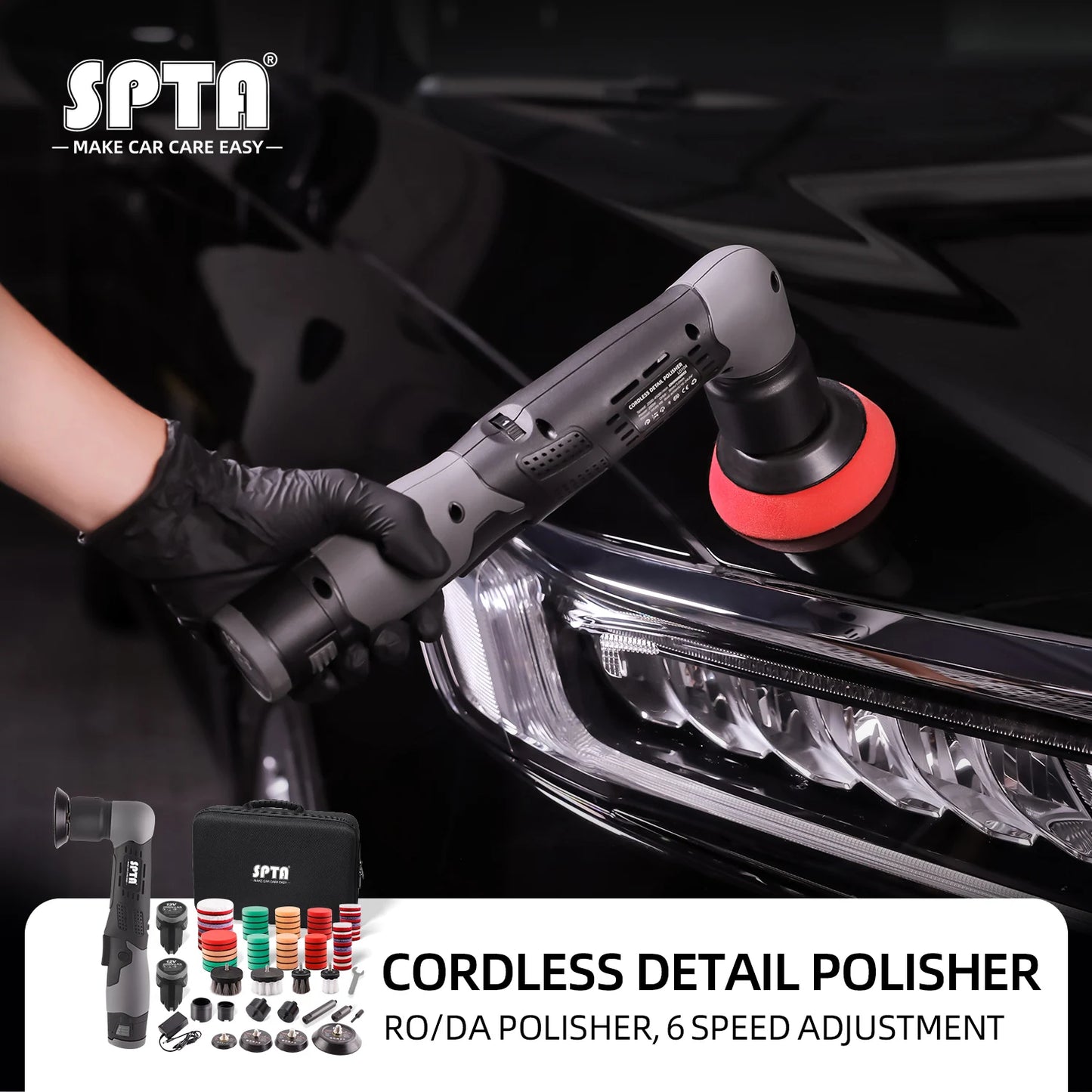 SPTA 12V Cordless Dual Action Car Polisher – Mini Scratch Remover with 1/2/3 Inch Pads & 2 Batteries