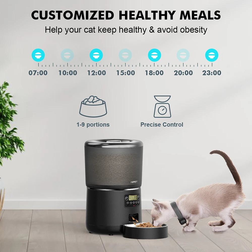 NPET 4L Automatic Smart Pet Feeder – Stainless Steel Bowl, Customizable 1–9 Portions for Cats & Dogs