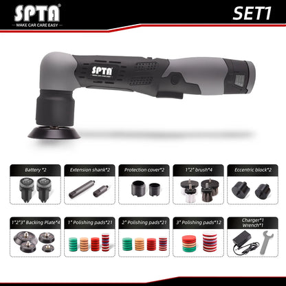 SPTA 12V Cordless Dual Action Car Polisher – Mini Scratch Remover with 1/2/3 Inch Pads & 2 Batteries