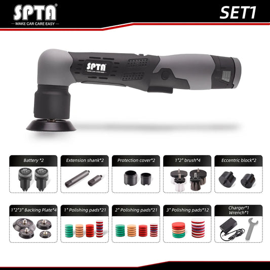 SPTA 12V Cordless Dual Action Car Polisher – Mini Scratch Remover with 1/2/3 Inch Pads & 2 Batteries