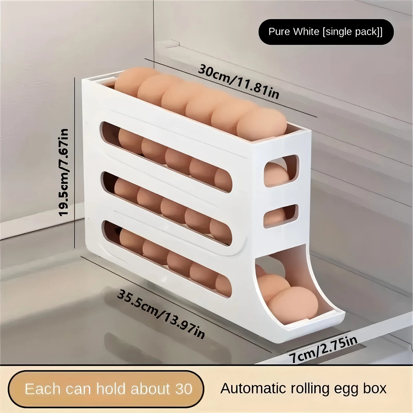 4 Tiers Egg Holder for Fridge， Automatic Egg Rolling Rack, 30 Eggs Storage Rack, Egg Distributor for Refrigerator, Egg Storage