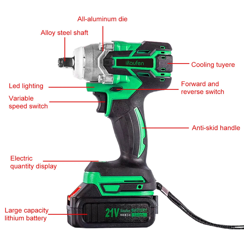380N Large Torque Brushless Electric Wrench 21V Industrial Lithium Battery Charging for Cow Rack Woodworking Auto Repair