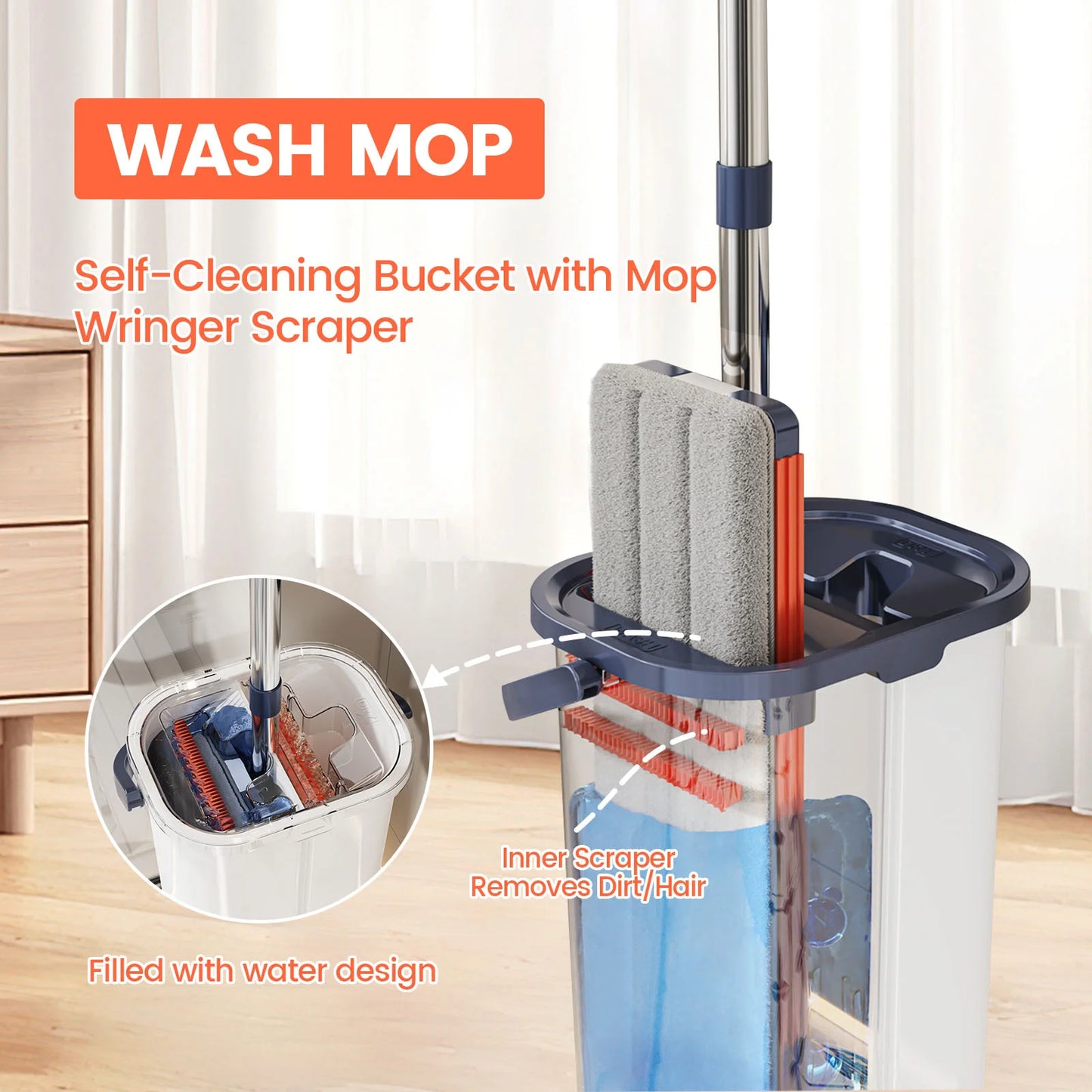 Floor Mop with Dual-Bucket System – Separates Clean & Dirty Water, Hands-Free Easy Cleaning.