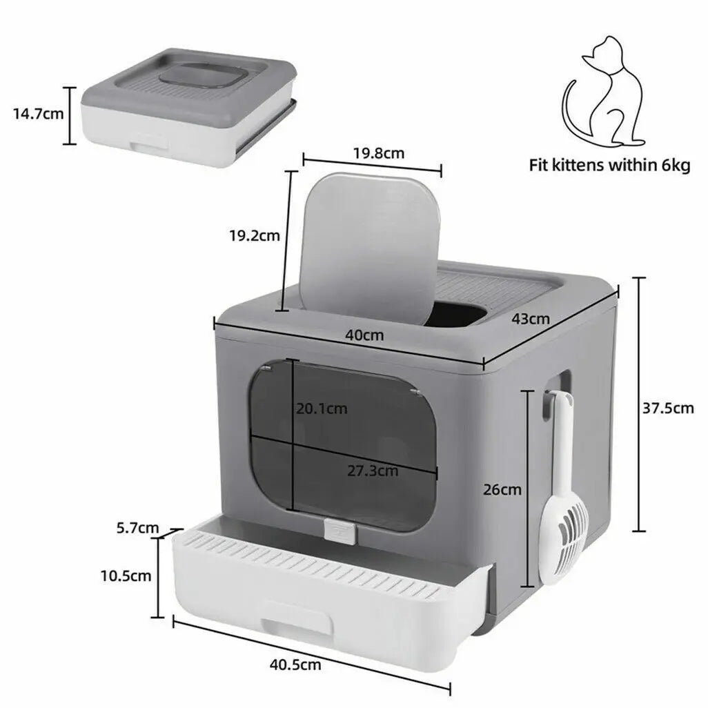 Foldable Enclosed Cat Litter Box with Scoop & Tray – Detachable Front Entry Kitten Toilet