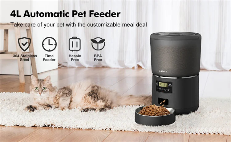 NPET 4L Automatic Smart Pet Feeder – Stainless Steel Bowl, Customizable 1–9 Portions for Cats & Dogs