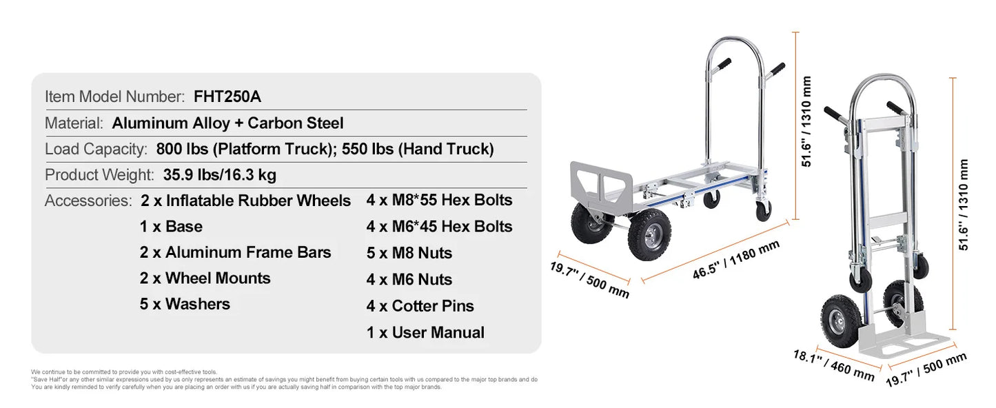 SucceBuy Folding Hand Truck Aluminum Heavy Duty Industrial Collapsible Dolly Cart for Transport Moving in Warehouse Supermarket