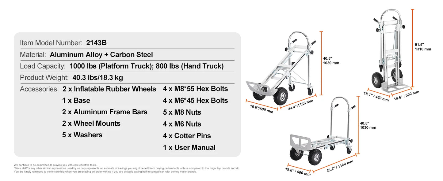 SucceBuy Folding Hand Truck Aluminum Heavy Duty Industrial Collapsible Dolly Cart for Transport Moving in Warehouse Supermarket