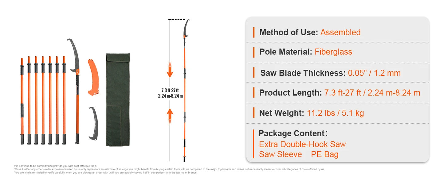 SucceBuy Manual Pole Saw Extendable Tree Pruner Sharp Steel Blade for Branches Trimming with Lightweight Aluminum Alloy Handle