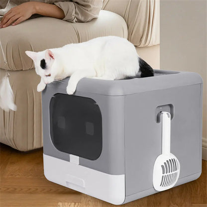 Foldable Enclosed Cat Litter Box with Scoop & Tray – Detachable Front Entry Kitten Toilet