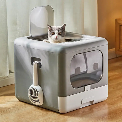 Foldable Enclosed Cat Litter Box with Scoop & Tray – Detachable Front Entry Kitten Toilet