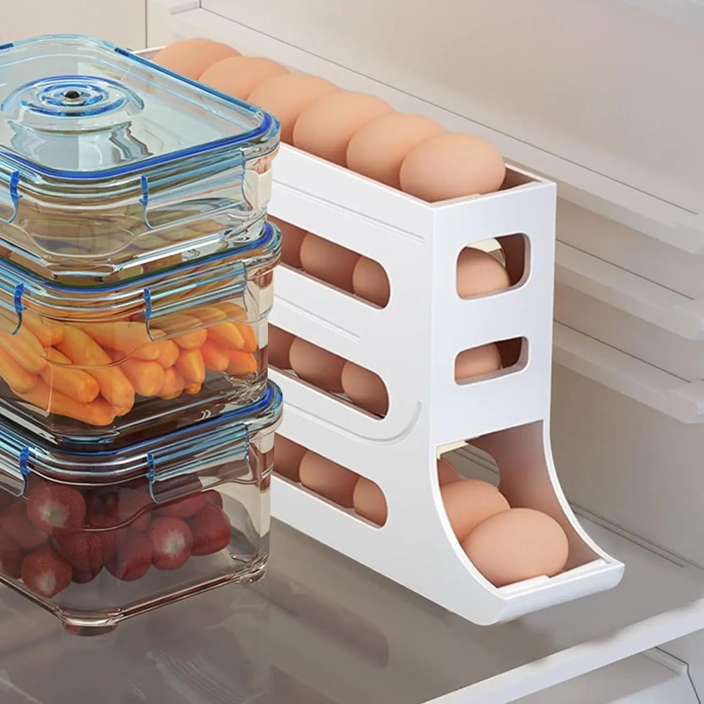 4 Tiers Egg Holder for Fridge， Automatic Egg Rolling Rack, 30 Eggs Storage Rack, Egg Distributor for Refrigerator, Egg Storage