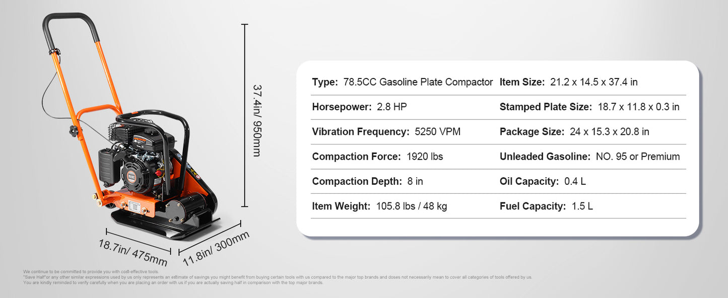 SucceBuy Plate Compactor 2.8/6.5 HP Force Vibratory Compaction Tamper For Walkways, Patios, Asphalts, Paver Landscaping