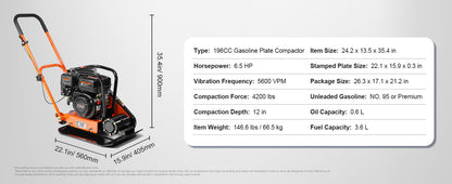 SucceBuy Plate Compactor 2.8/6.5 HP Force Vibratory Compaction Tamper For Walkways, Patios, Asphalts, Paver Landscaping